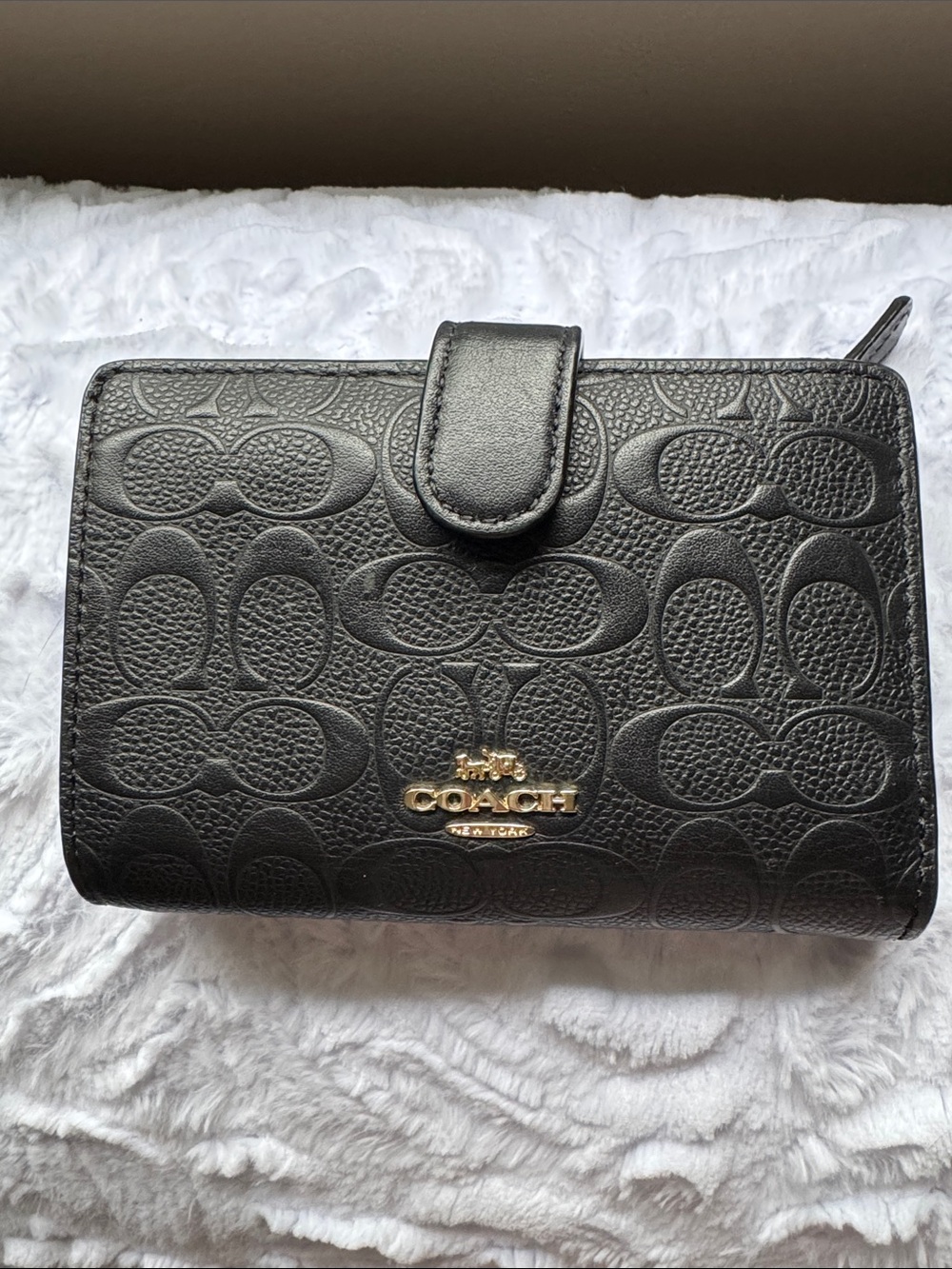 Coach Black Embossed Signature Compact Wallet with Gold Logo